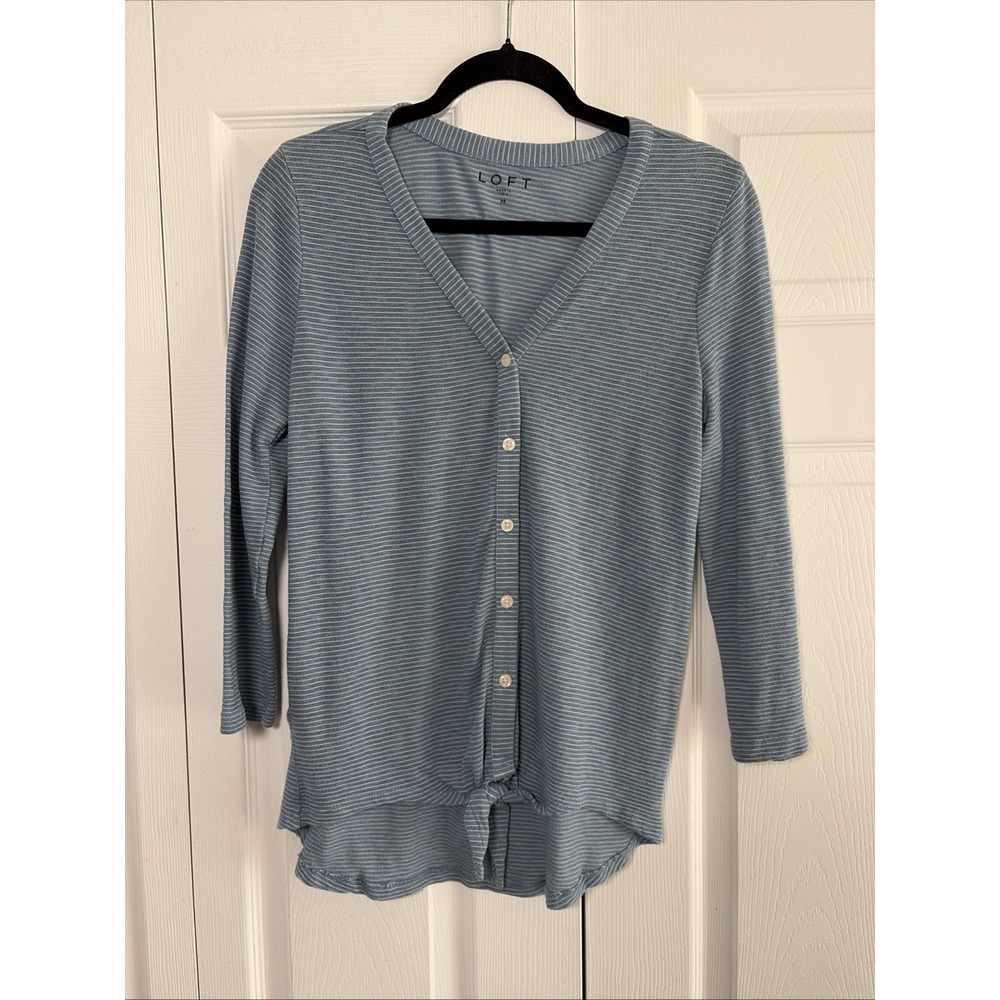 LOFT Striped Ribbed Cardigan Womens Size M Blue Casual V-Neck Cotton Blend